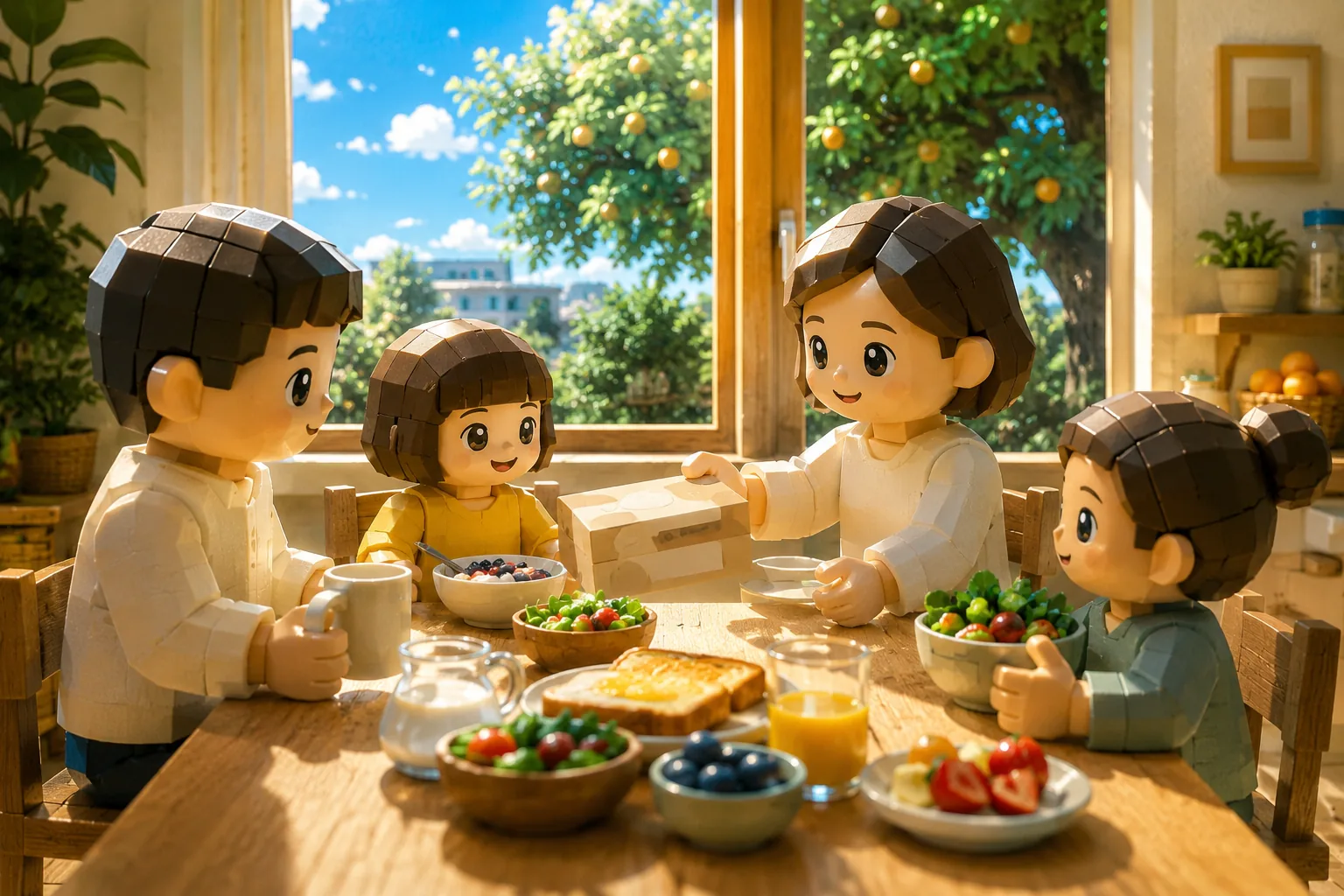 朝の食卓で、家族が食品のパッケージを手渡している様子