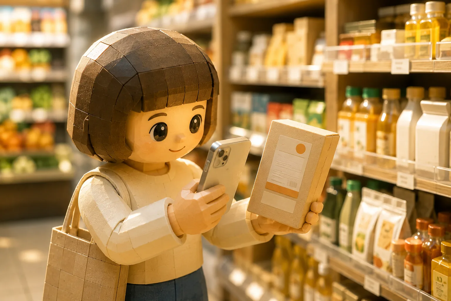 スーパーマーケットの棚の前で、手に取った商品とスマートフォンを見比べている様子