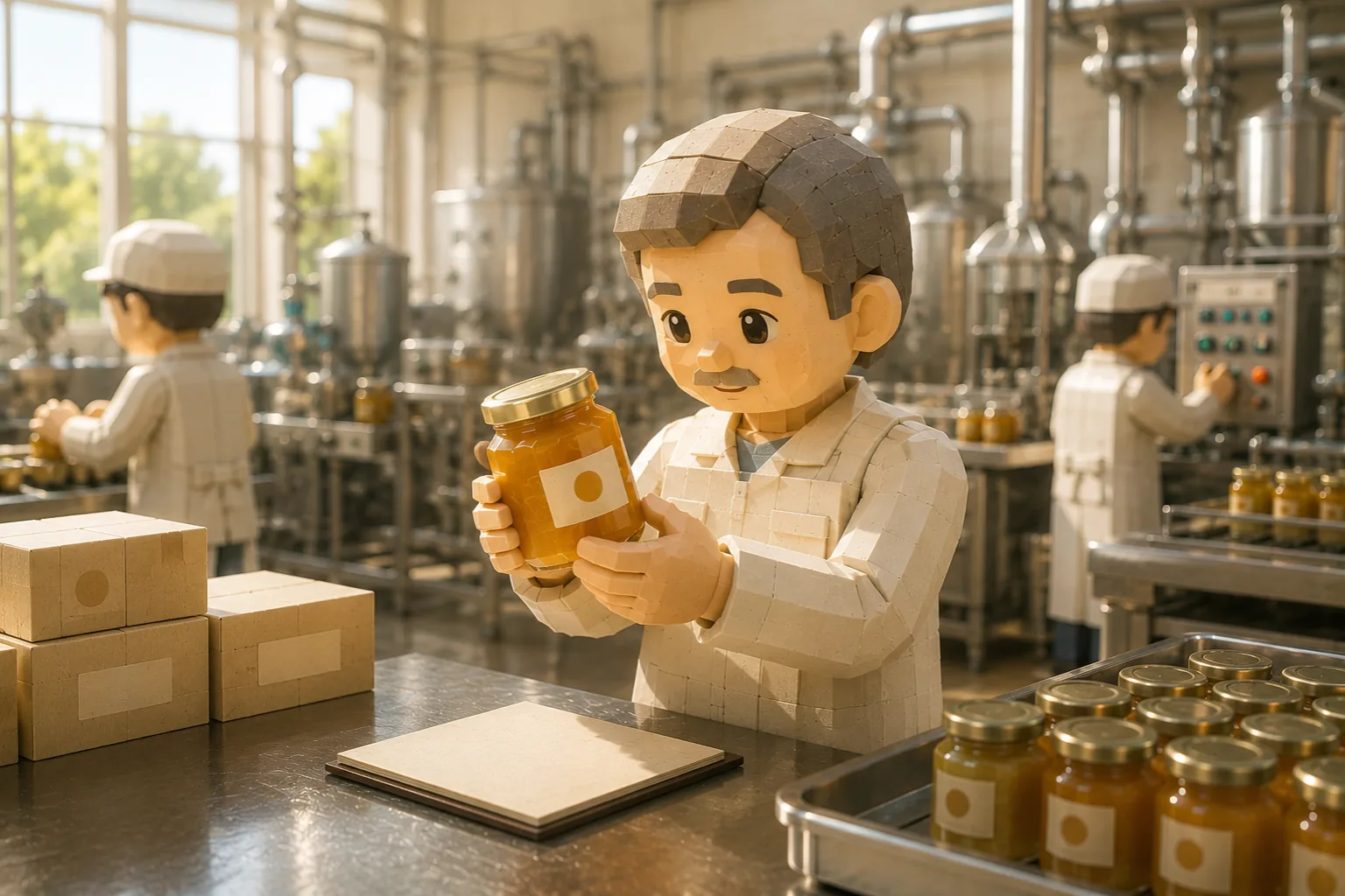 食品製造の現場で、つくり手が瓶詰めした商品を手に取って確かめている様子